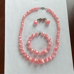 Vintage Pink Moon Glow Lucite Necklace, Earrings and Bracelet Set, MCM, 1950s